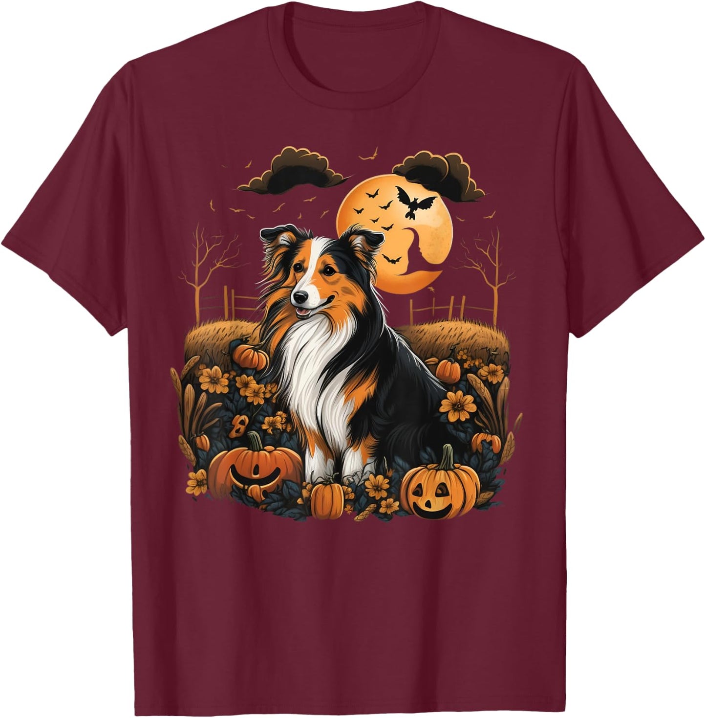 Pumpkin Shetland Sheepdog costume on Sheltie Halloween Women Kids T-Shirt - T-Shirt | Maroon
