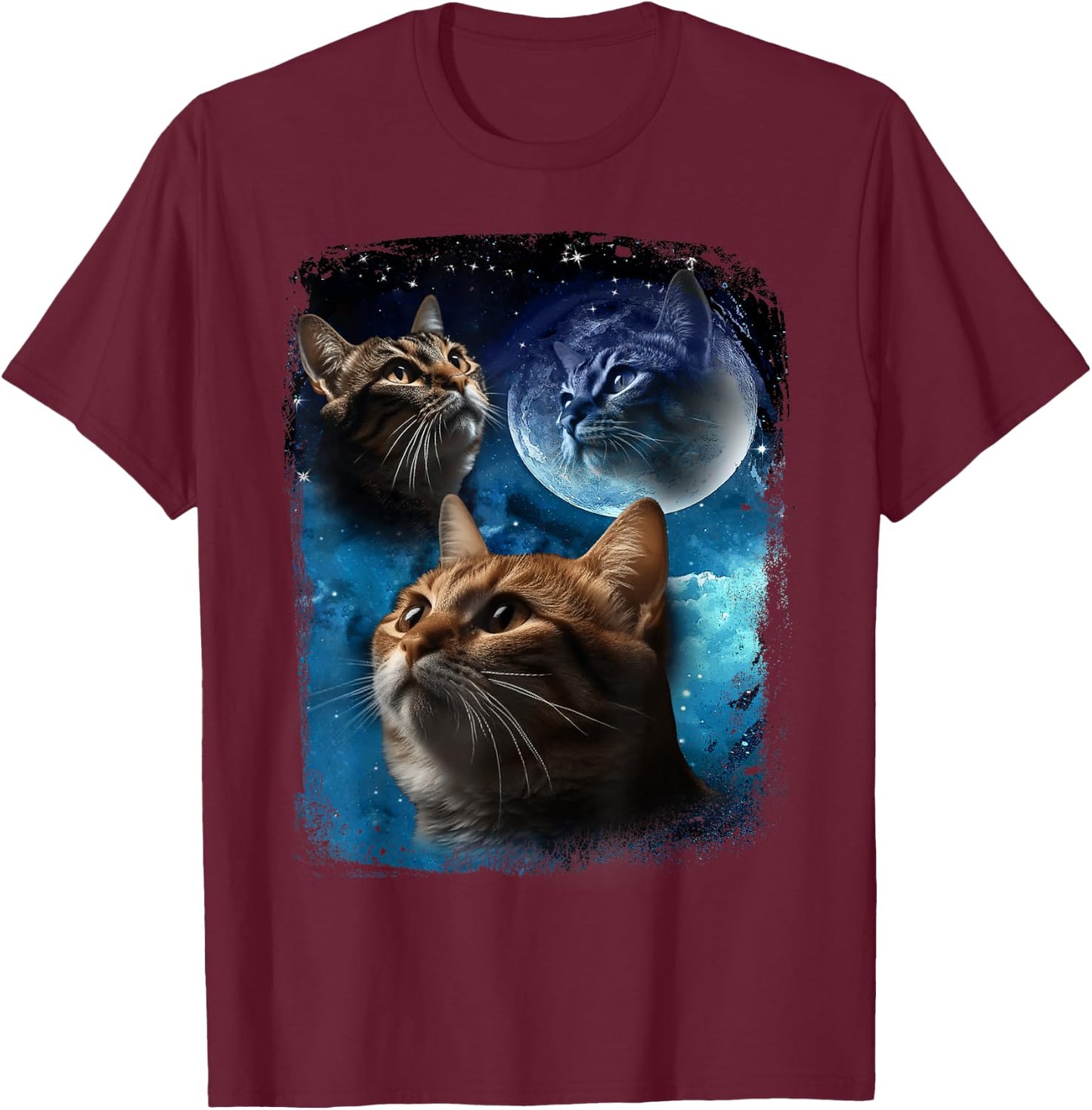 Three Cats Howl at Moon Vintage Funny Cat Howling wolf meme T-Shirt - T-Shirt | Maroon