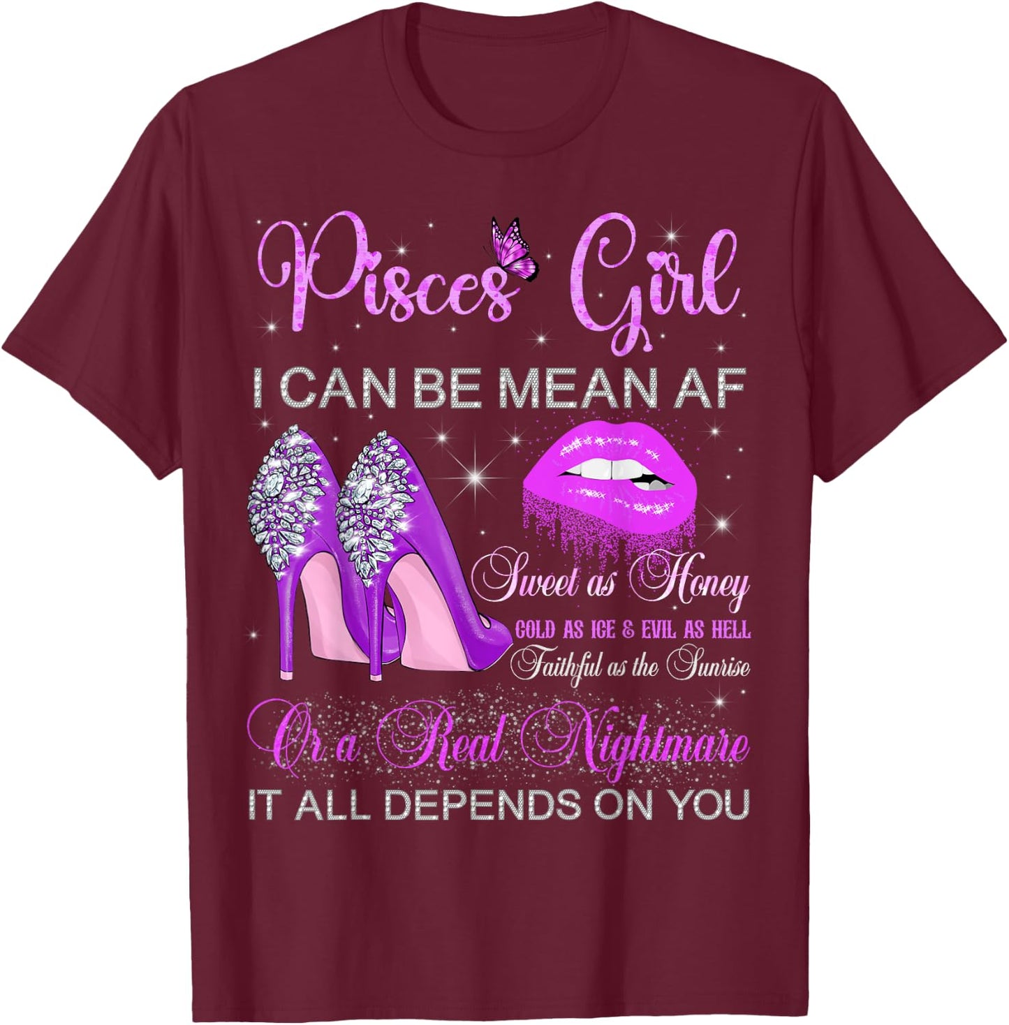 Pisces Girl Birthday High Heels Dripping Lips Zodiac Women T-Shirt - T-Shirt | Maroon