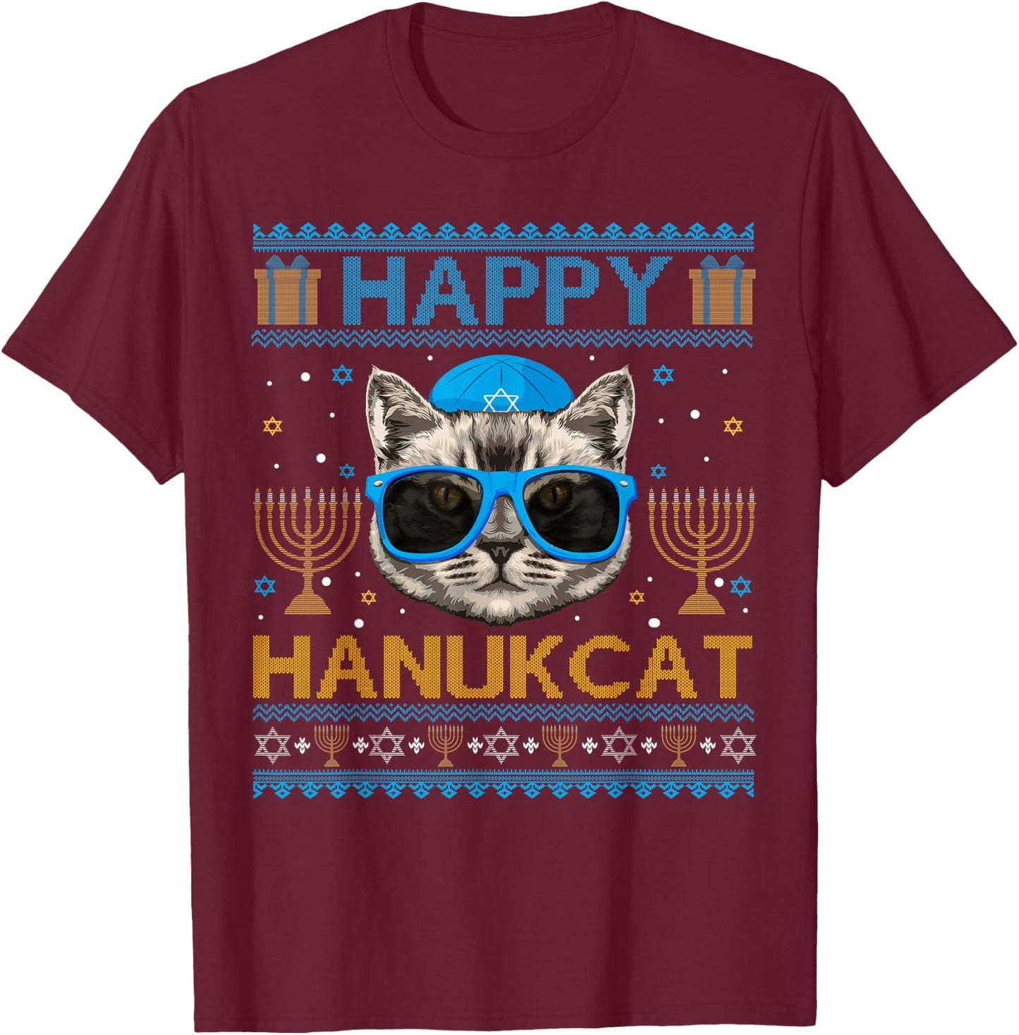Happy Hanukcat Ugly Hanukkah Sweater Cat Chanukah Jewish T-Shirt - T-Shirt | Maroon
