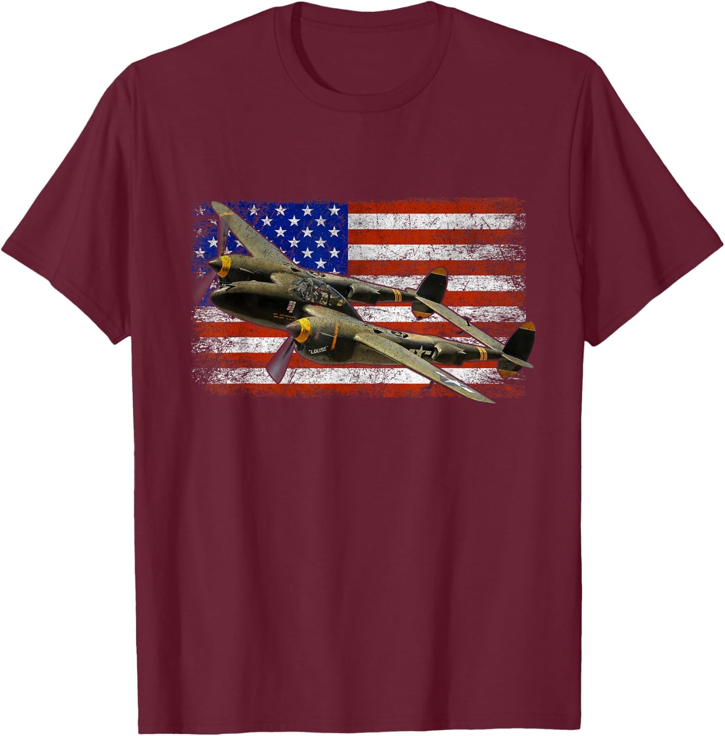P-38 Lightning WWII Airplane Vintage Flag T-Shirt - T-Shirt | Maroon