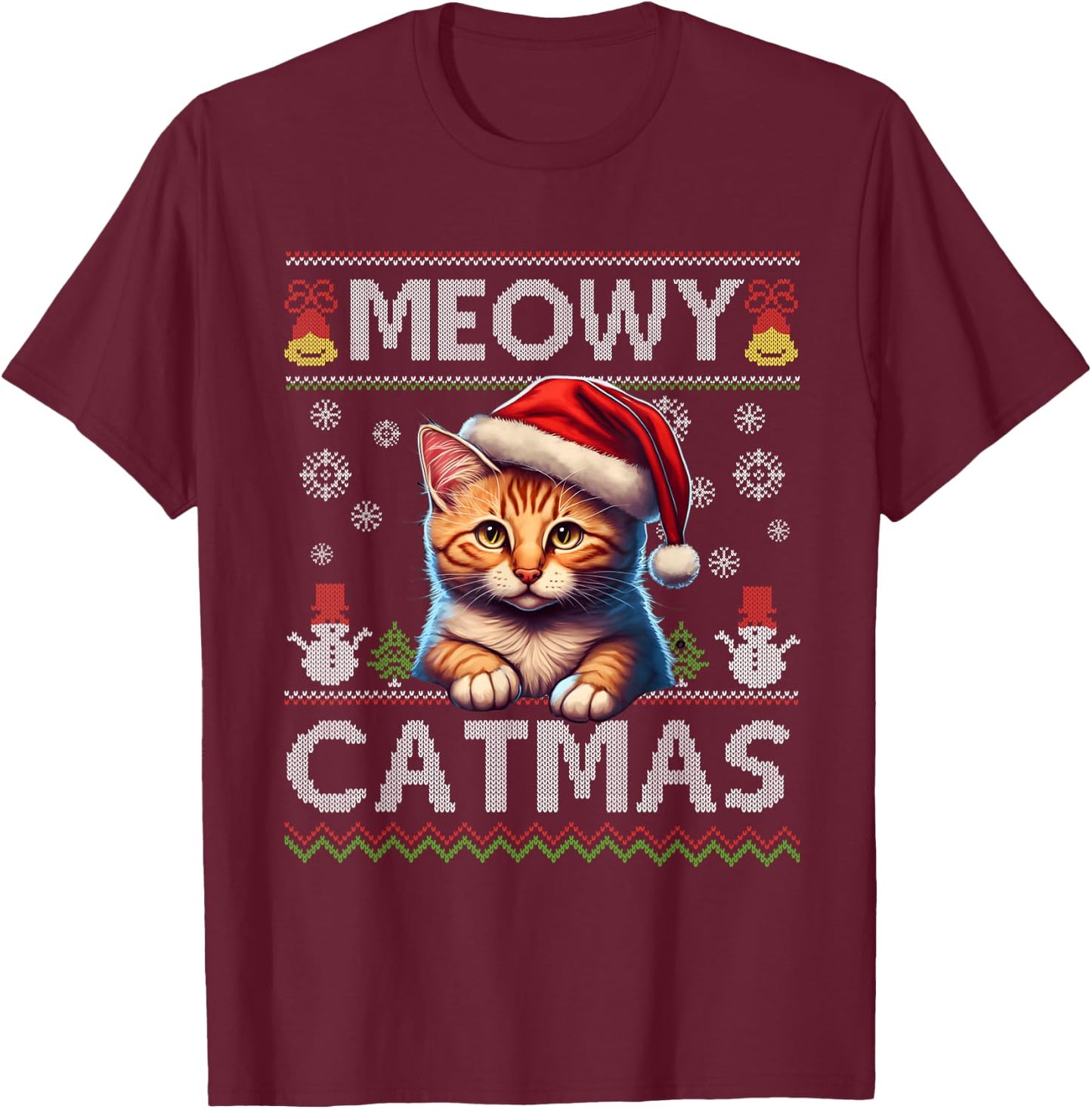 Meowy Catmas Cat Santa Christmas Kitten Xmas Ugly Sweater T-Shirt - T-Shirt | Maroon