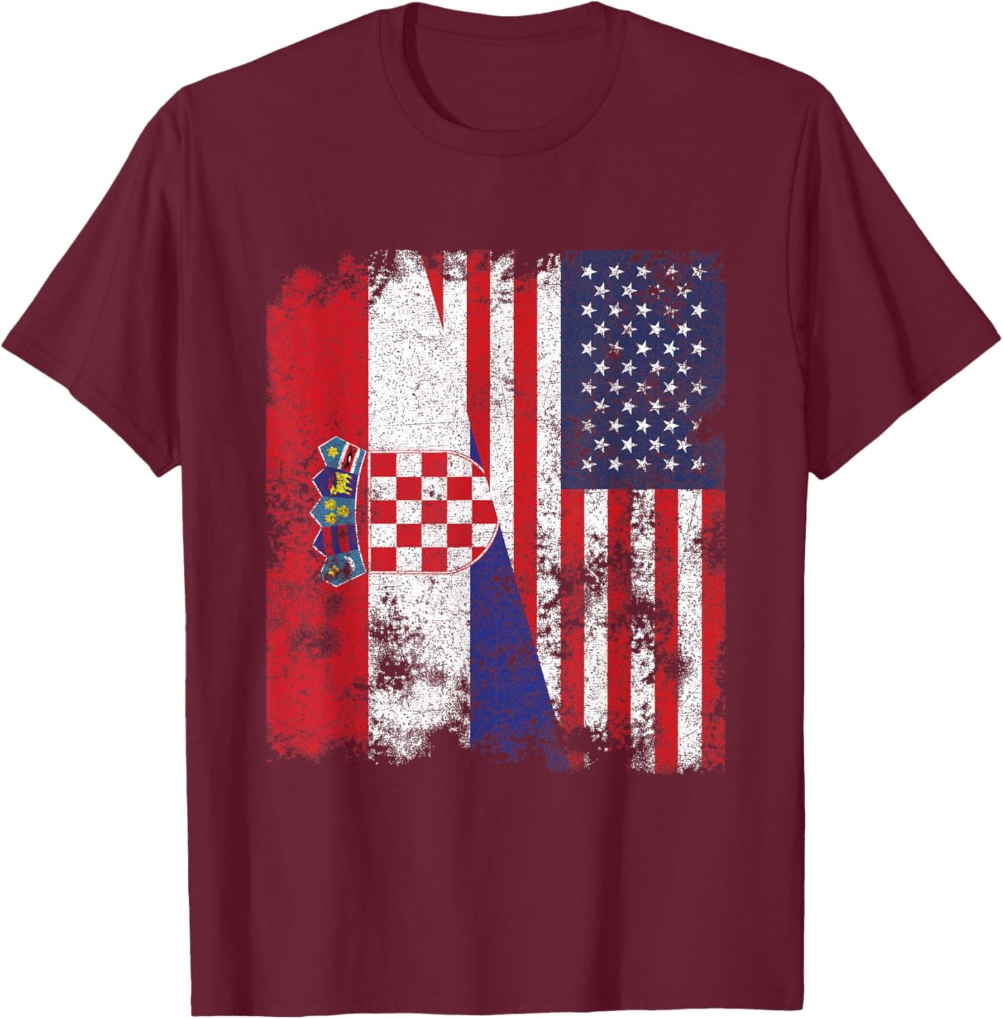 Croatia USA Flag Distressed - Half American T-Shirt - T-Shirt | Maroon