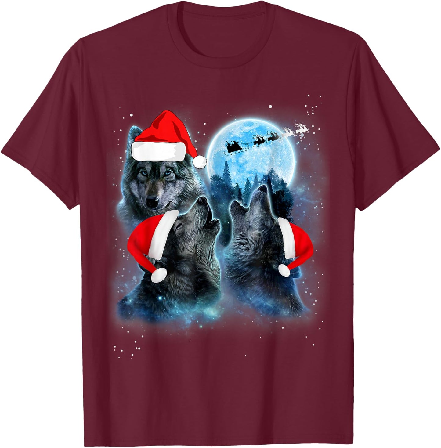 Three Wolves Howling Under Moon Christmas Santa Wolf Lover T-Shirt - T-Shirt | Maroon