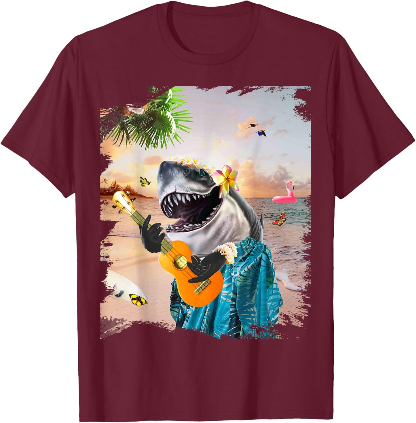 Aloha Hawaiian Shark Playing Ukulele Beach Funny Men Women Girls Kids T-Shirt - T-Shirt | Maroon