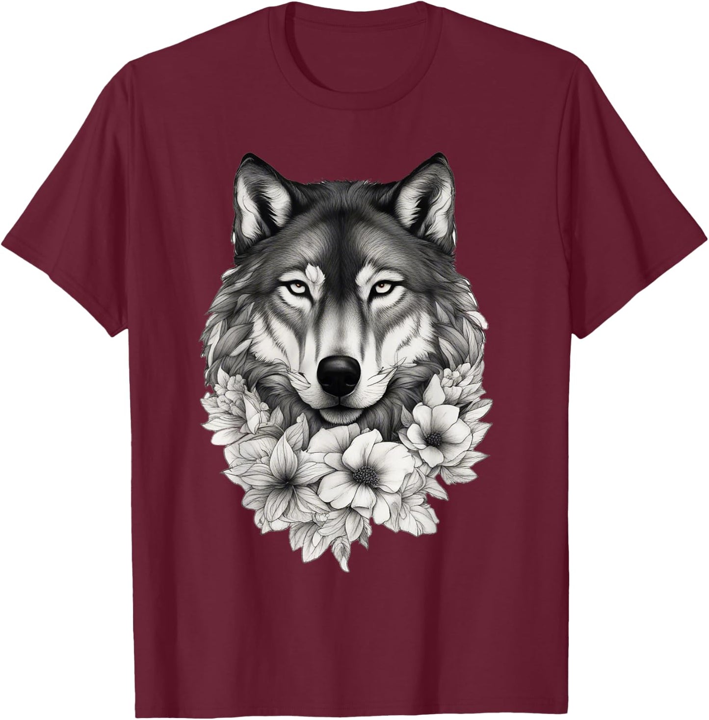 Floral Wolf Lover Flowers Wolf Face For Wolves Lover T-Shirt - T-Shirt | Maroon