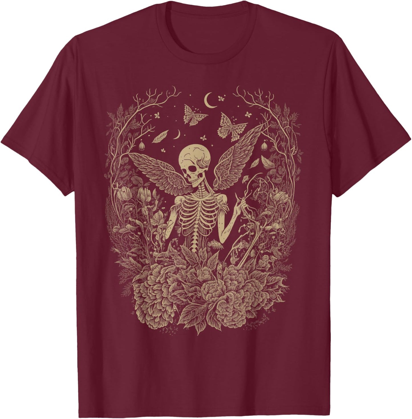 Cute Fairycore Floral Skeleton Aesthetic Girls Women Graphic T-Shirt - T-Shirt | Maroon