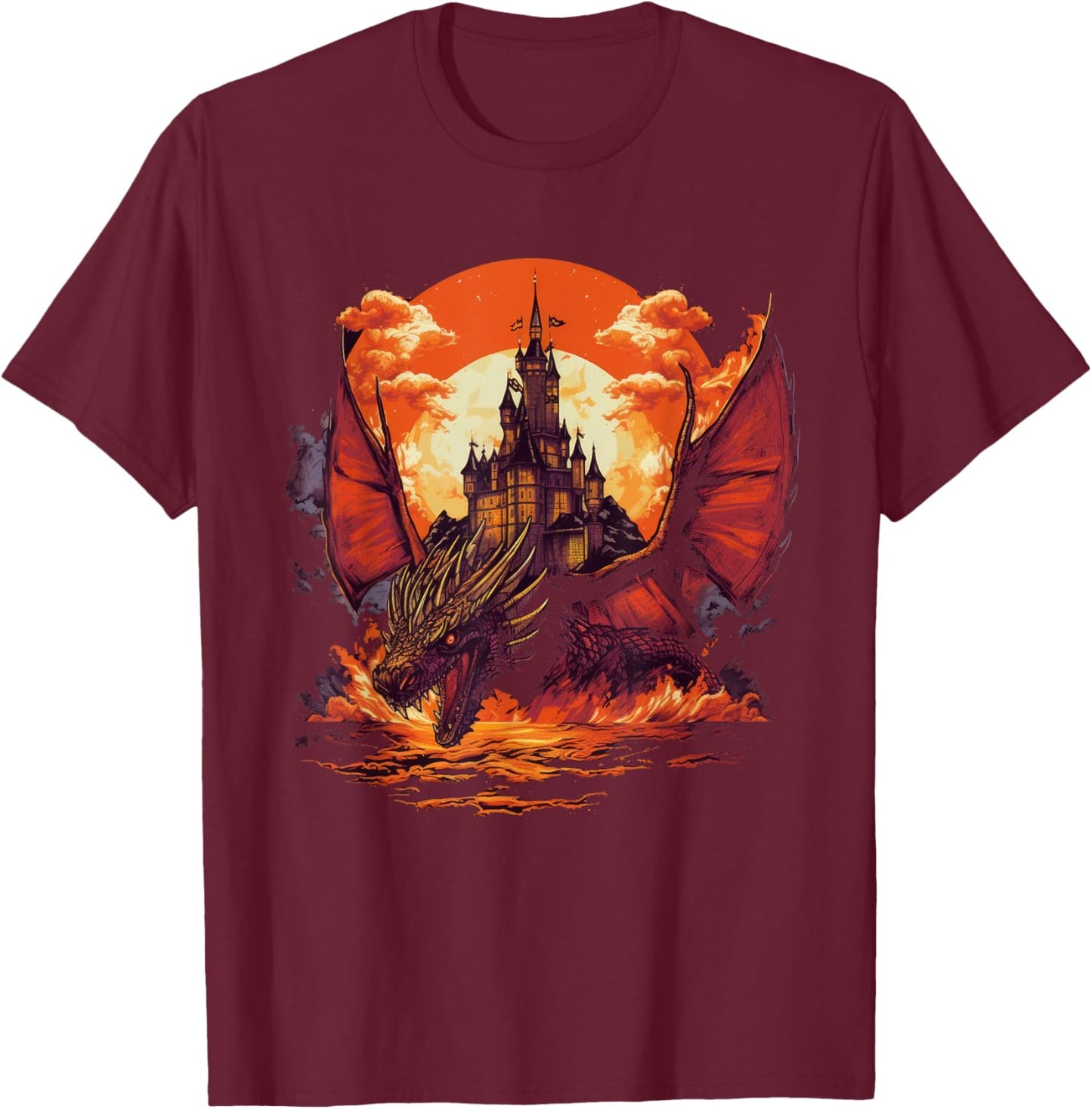 Fire Dragon Fantasy Scene With Castle T-Shirt - T-Shirt | Maroon