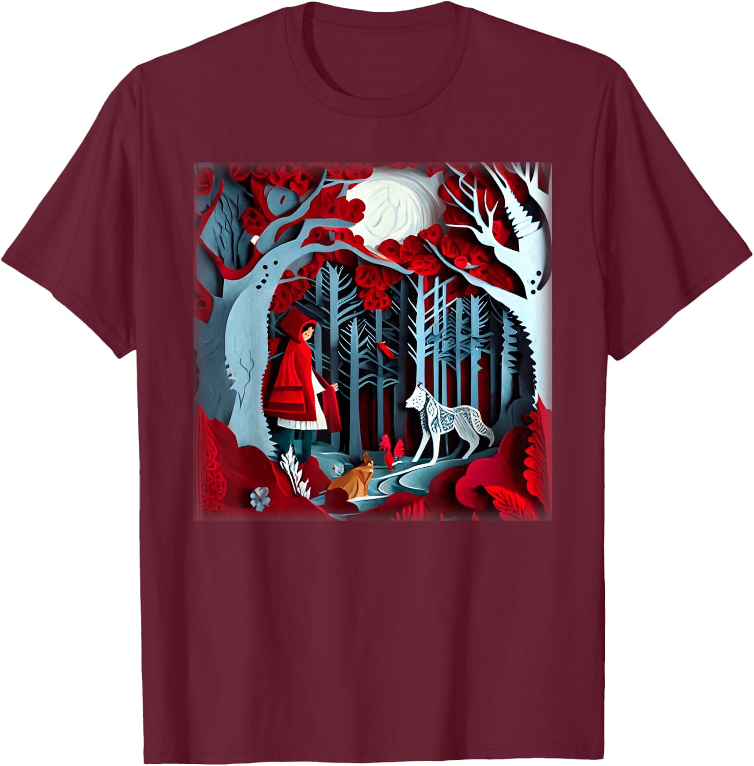 Paper Cut Craft Paper Illustration Little Red a Riding Hood T-Shirt - T-Shirt | Maroon