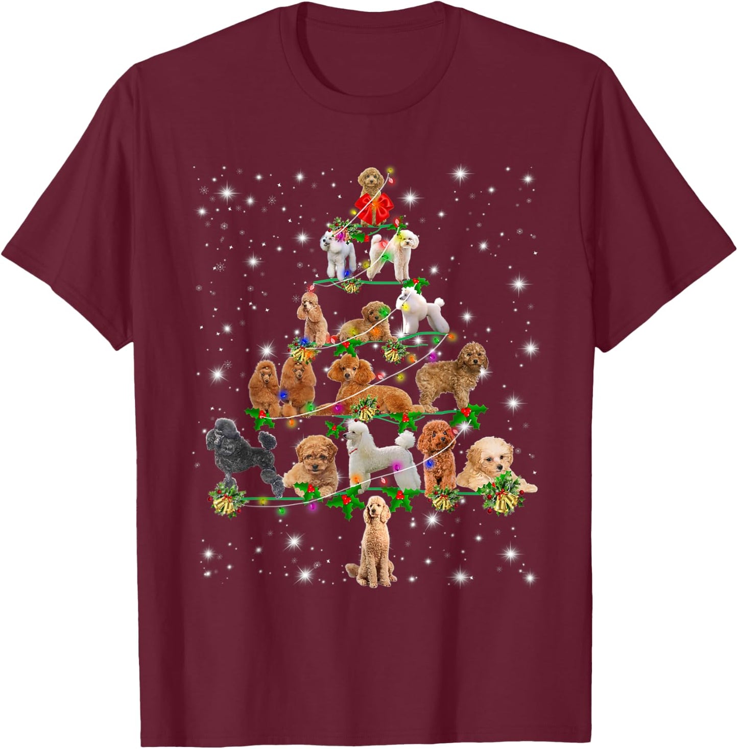 Poodle Christmas Tree Lights Funny Lover Dog Pajamas T-Shirt - T-Shirt | Maroon