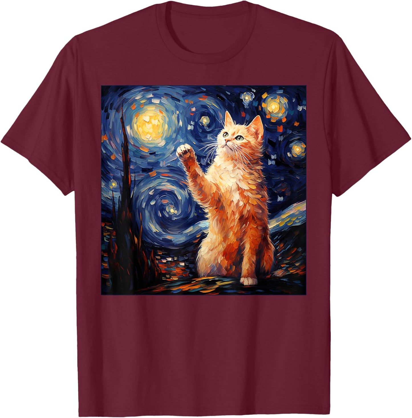 Art Van Gogh Starry Night Cat Gifts for Cats Lover Mom Dad T-Shirt - T-Shirt | Maroon