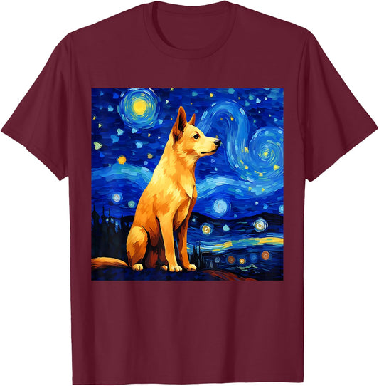 Surreal Starry Night Jindo Dog T-Shirt - T-Shirt | Maroon
