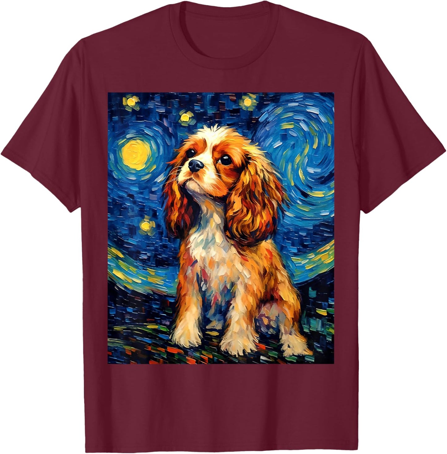 Surreal Starry Night Cavalier King Charles Spaniel Dog T-Shirt - T-Shirt | Maroon
