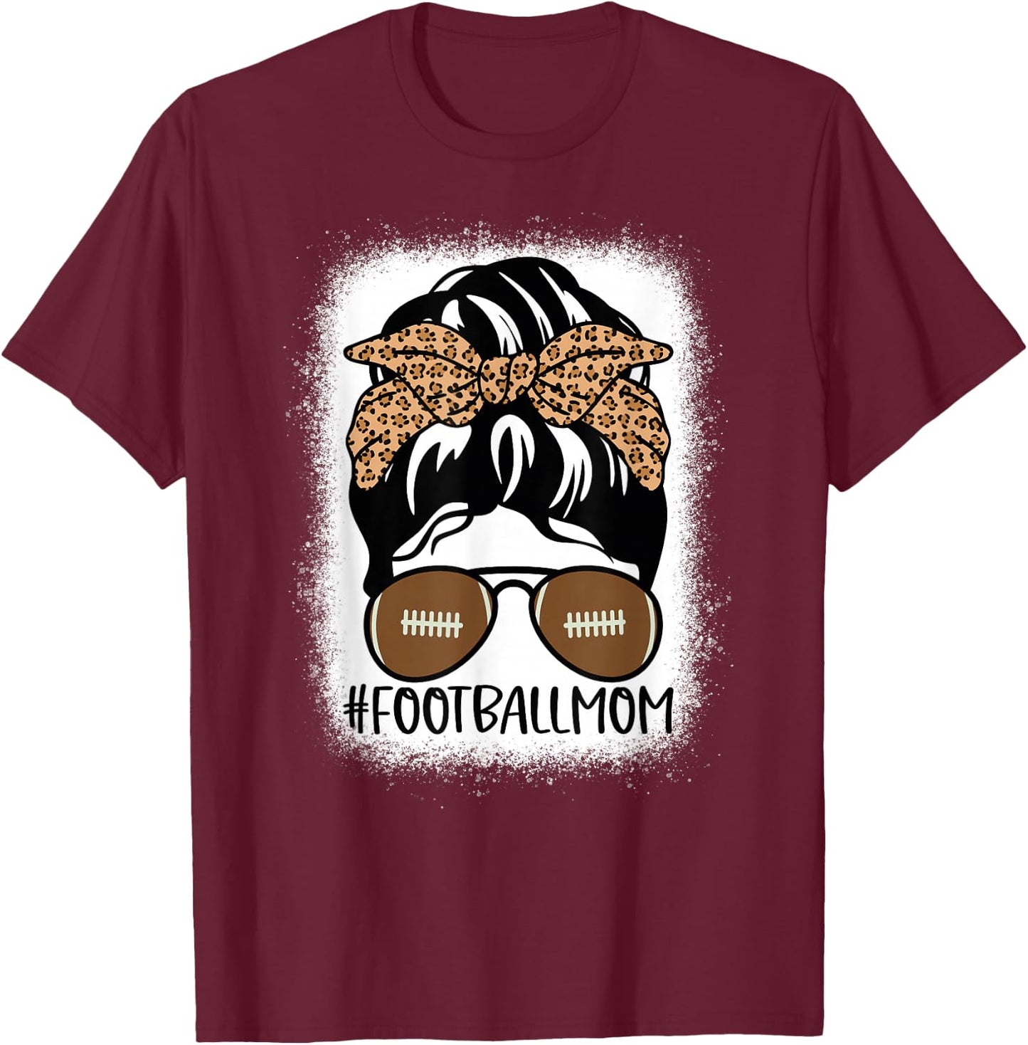 Bleached Football Mom Life with Leopard and Messy Bun Player T-Shirt - T-Shirt | Maroon