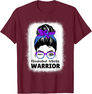 RA Rheumatoid Arthritis Awareness Warrior Women Messy Bun T-Shirt - T-Shirt | Maroon