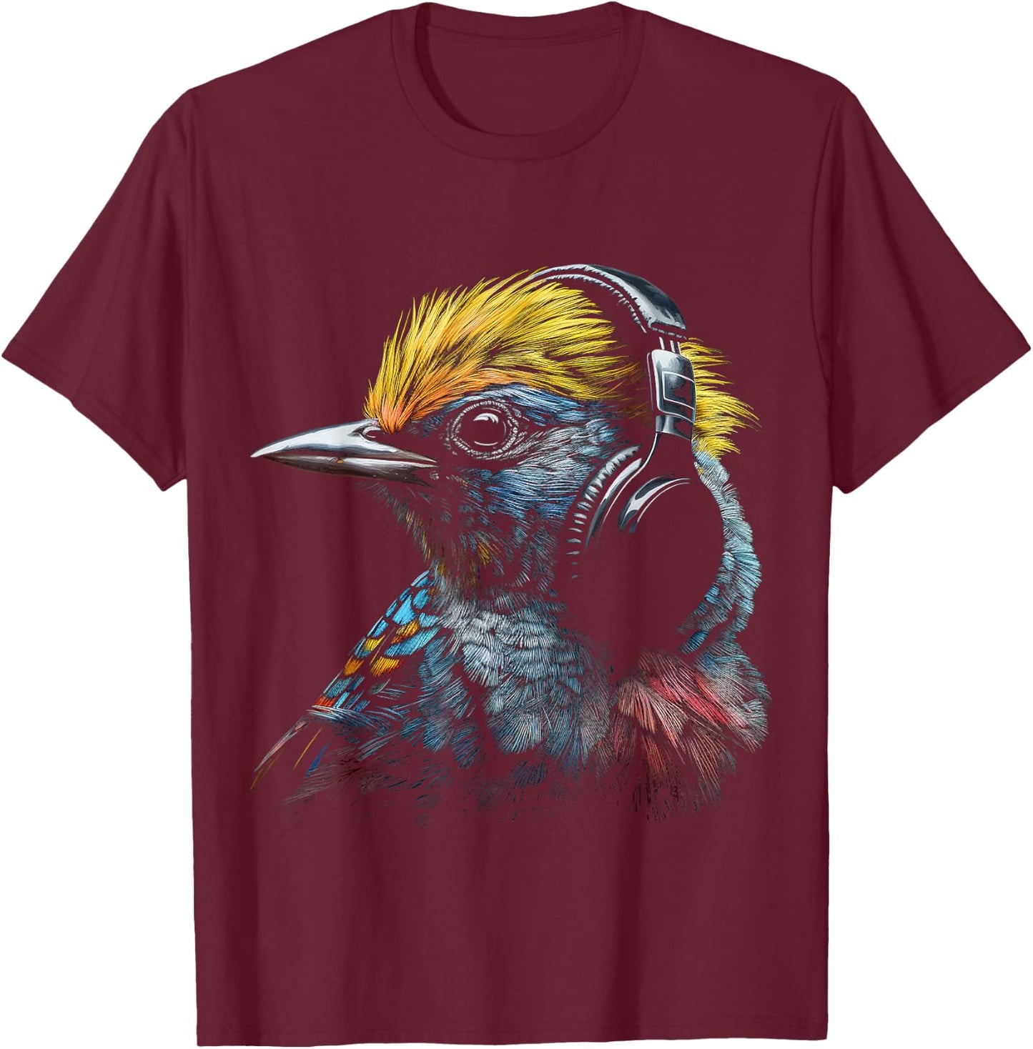 Bird Headphones Artwork | Music Animal Motif Bird T-Shirt - T-Shirt | Maroon