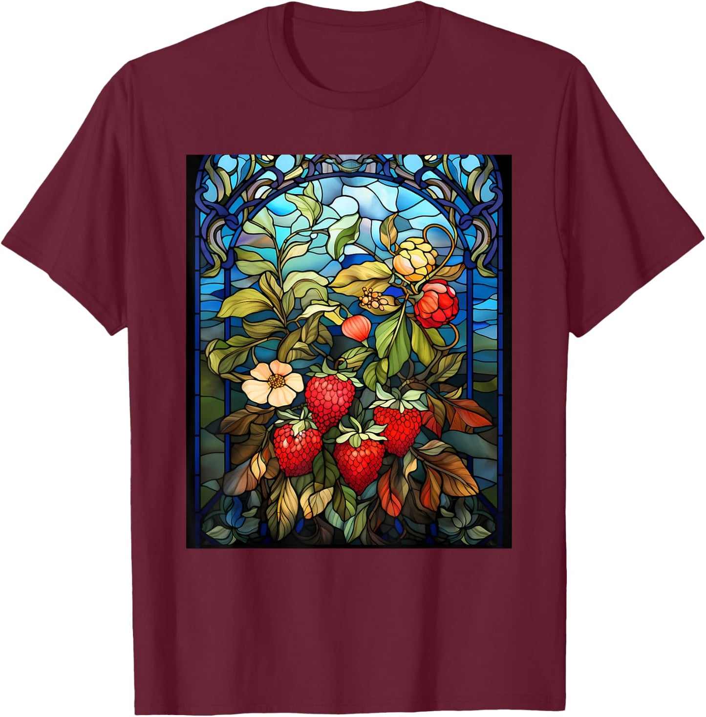 Stained Glass Style Strawberry T-Shirt - T-Shirt | Maroon
