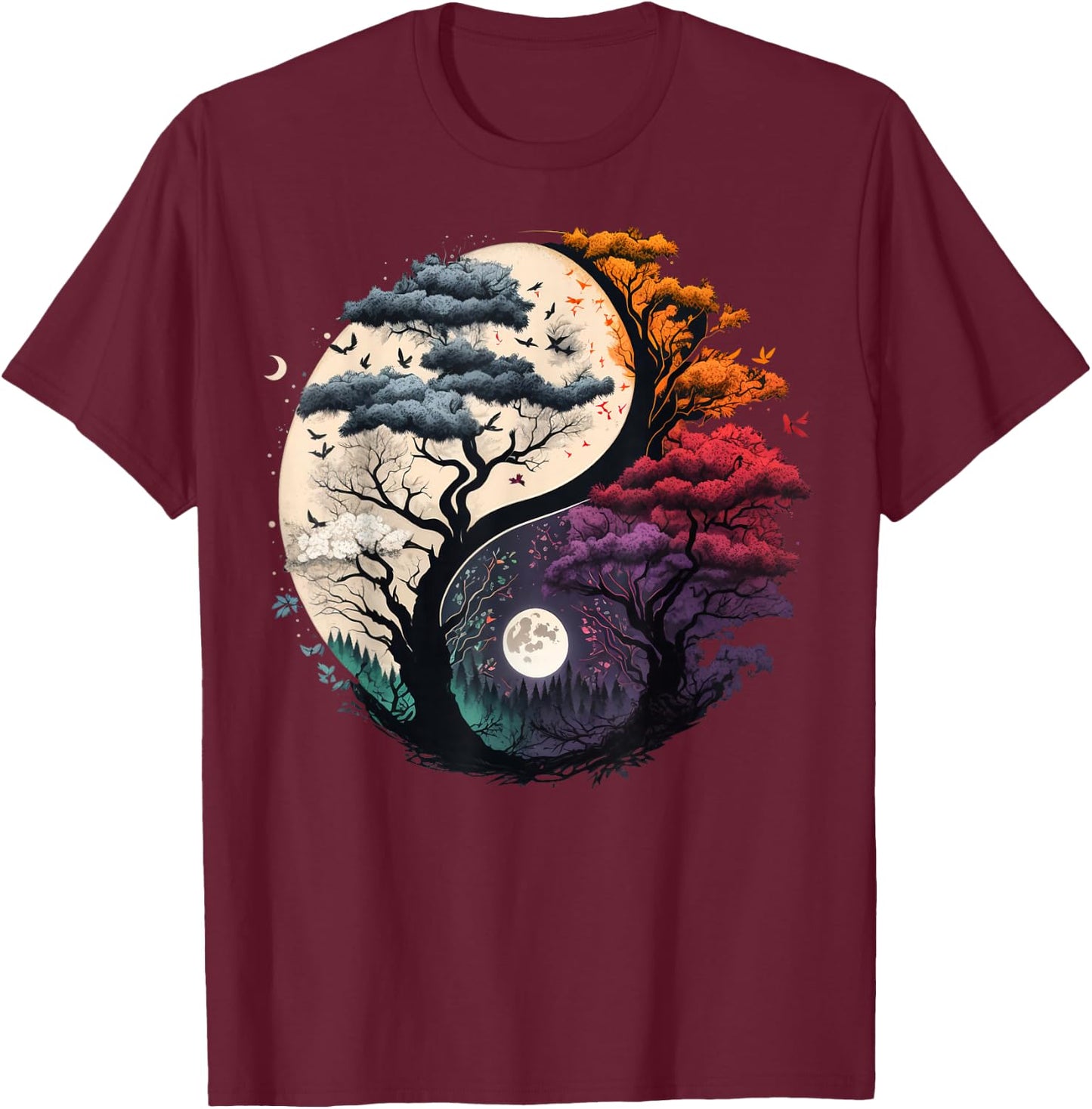 Harmony Feng Shui Taoist Yin Yang Balance symbol Adults Black Tree of Life Yin Yang Small (6/8) Short Sleeve T-Shirt - T-Shirt | Maroon