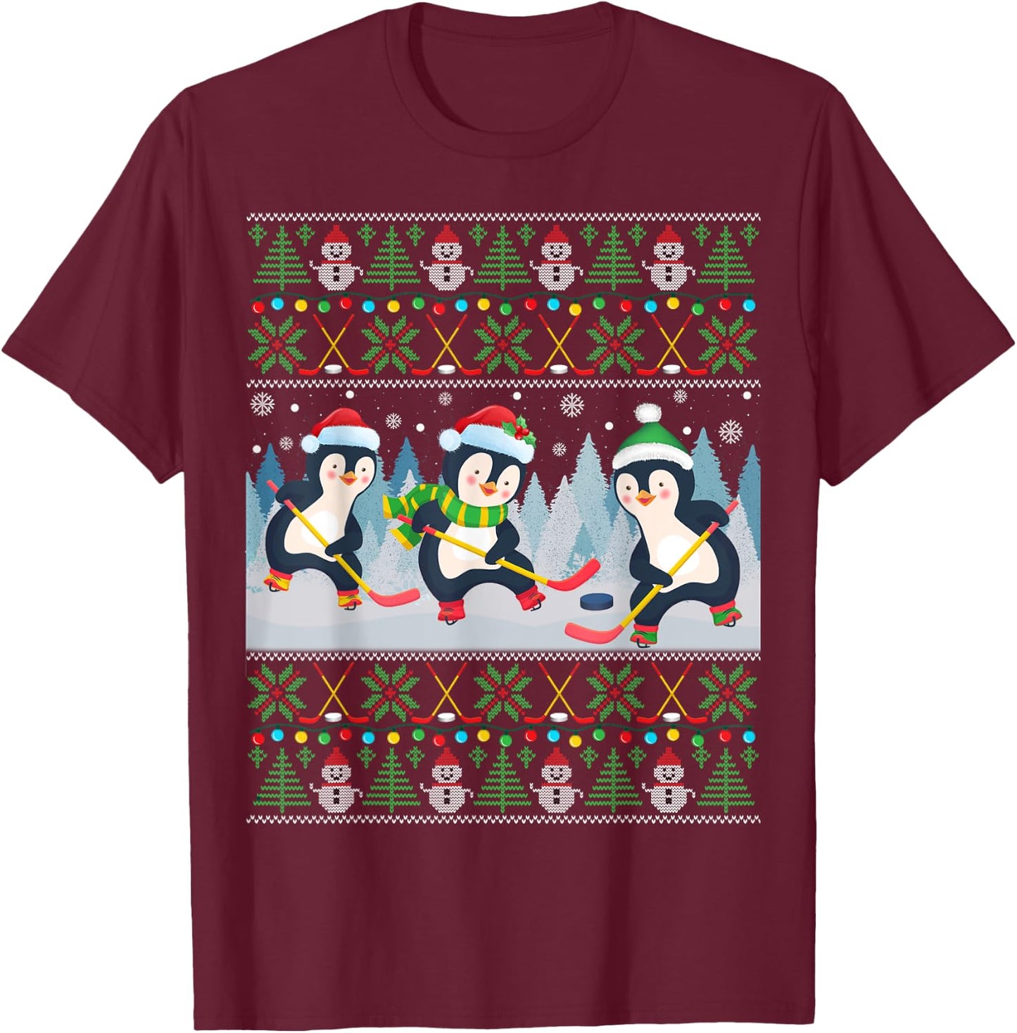 Penguin Playing Hockey Ugly Christmas Sweater Penguin Santa T-Shirt - T-Shirt | Maroon