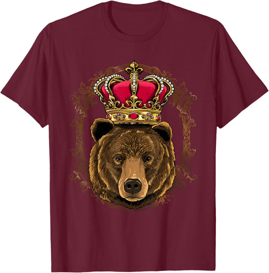 King Queen Grizzly Bear Animal Face Crown British Bear Lover T-Shirt - T-Shirt | Maroon