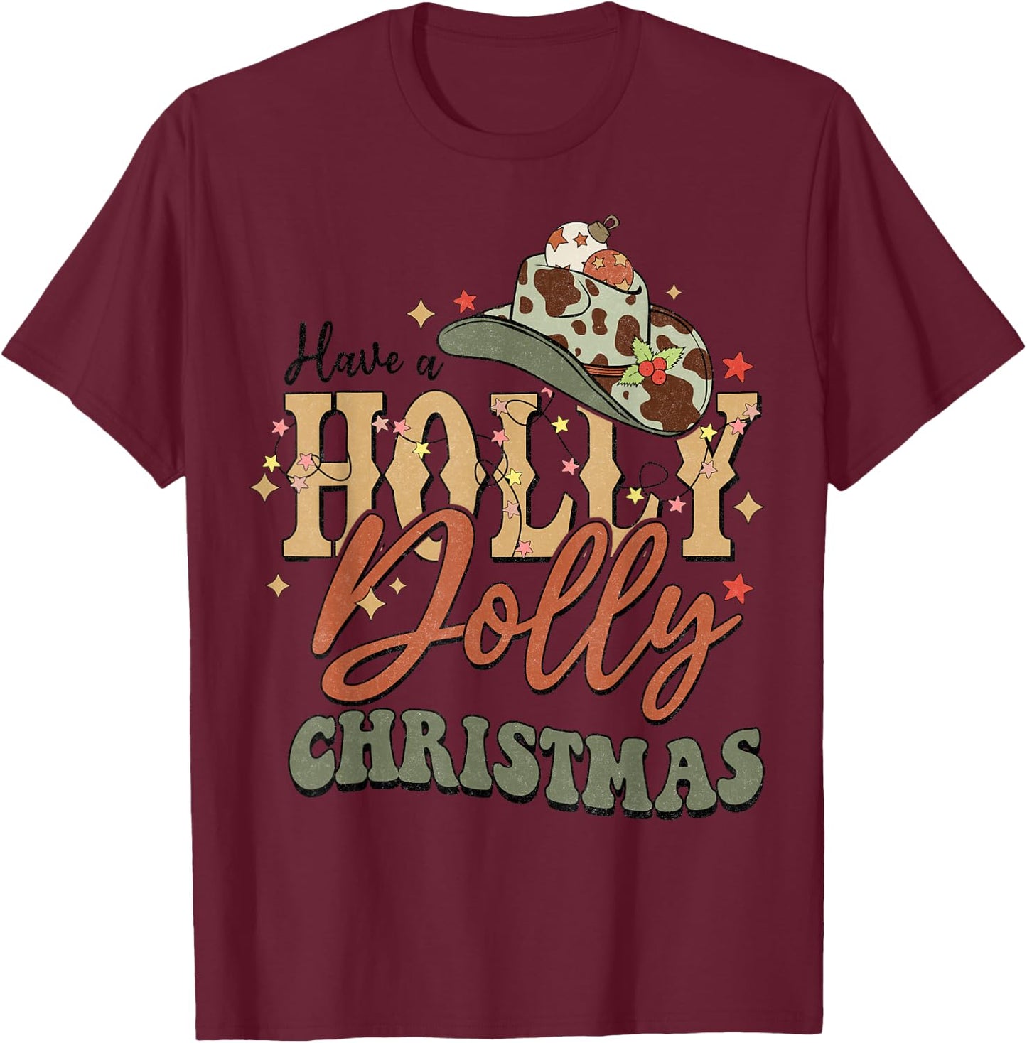 Vintage Western Christmas Howdy Xmas Cowboy Hat Retro Jolly T-Shirt - T-Shirt | Maroon