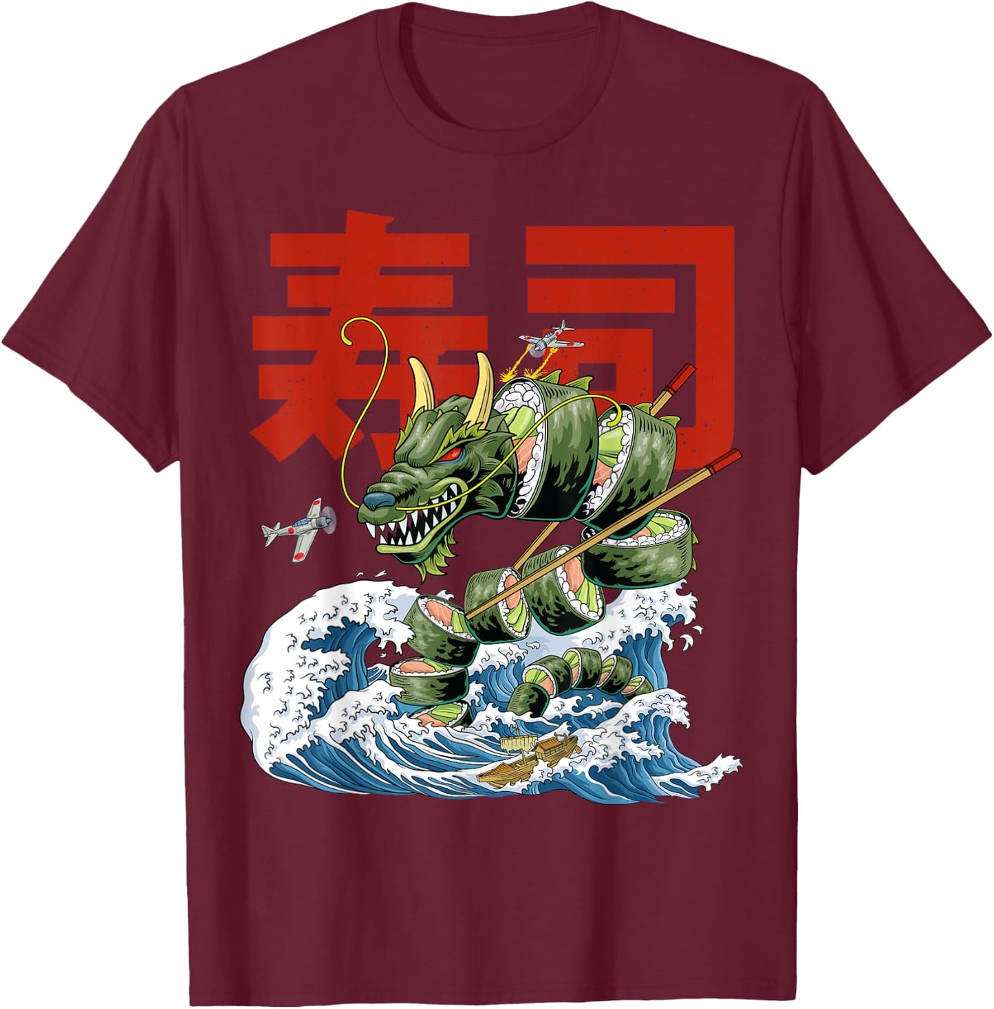 Great Sushi Dragon Kanagawa Wave Roll Japanese Food Kawaii T-Shirt - T-Shirt | Maroon
