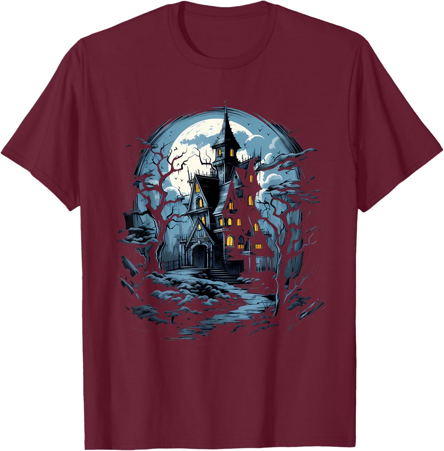 Haunted NIght Escape: Halloween House Intrigue T-Shirt - T-Shirt | Maroon