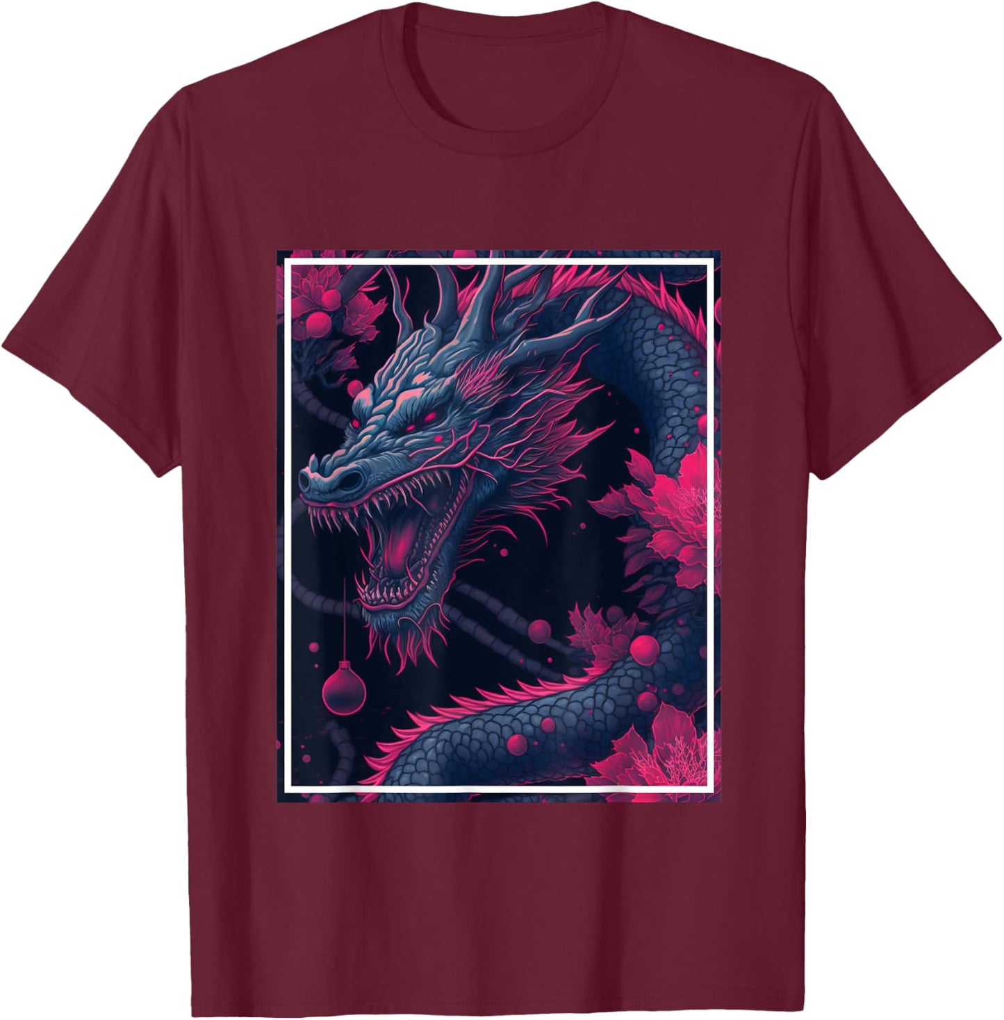 Dragon Japan Cherry Blossoms Japanese Neon Flowers T-Shirt - T-Shirt | Maroon