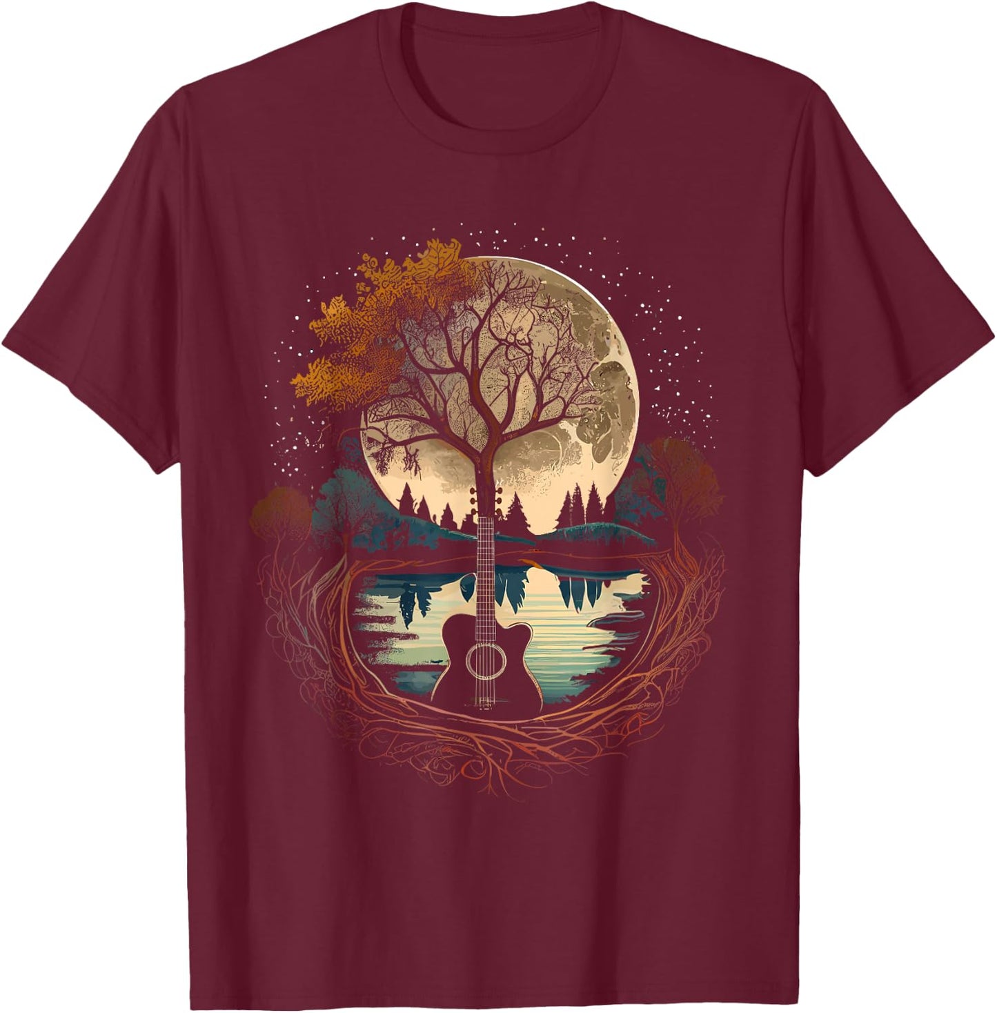Acoustic Guitar Tree and Moon by The Lake Guitarist T-Shirt - T-Shirt | Maroon