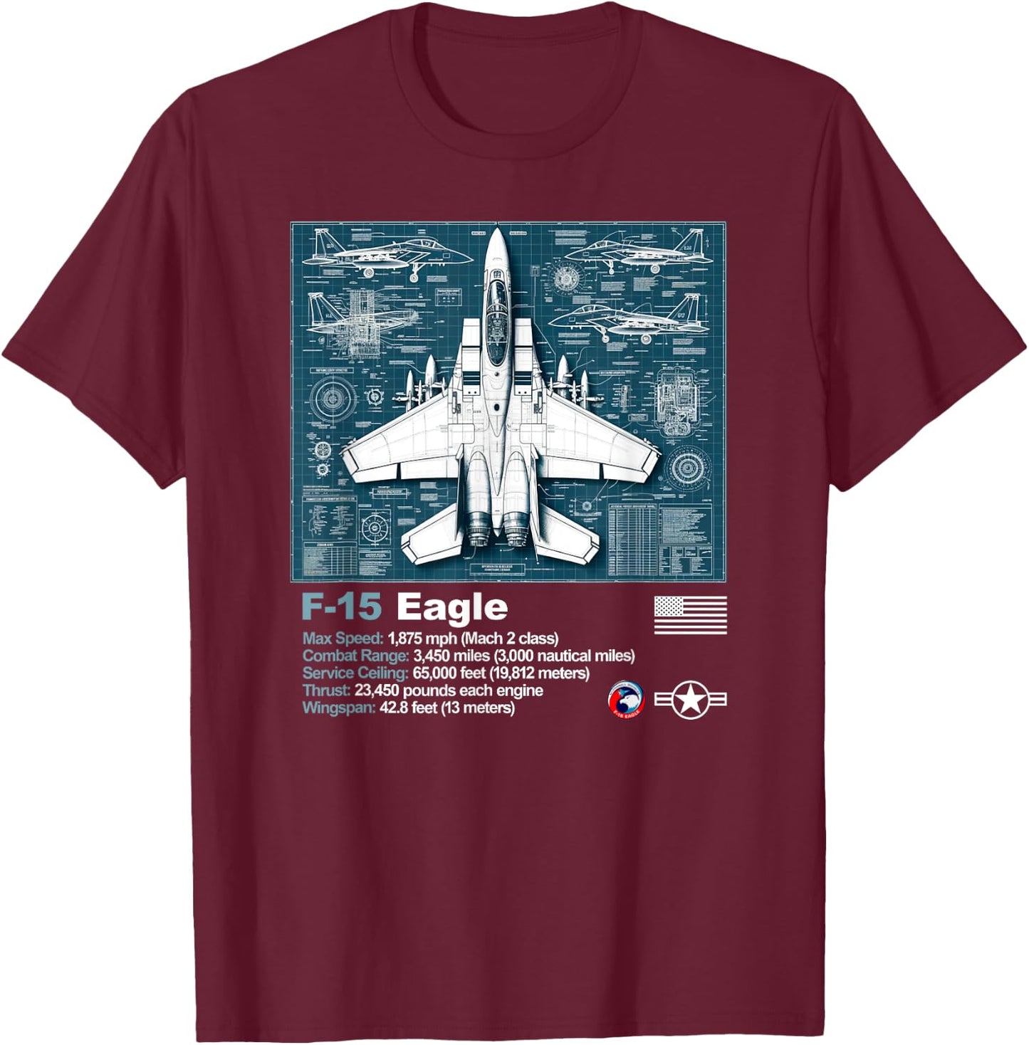 F15 Fighter Jet Blueprint Technical Drawings and Specs T-Shirt - T-Shirt | Maroon