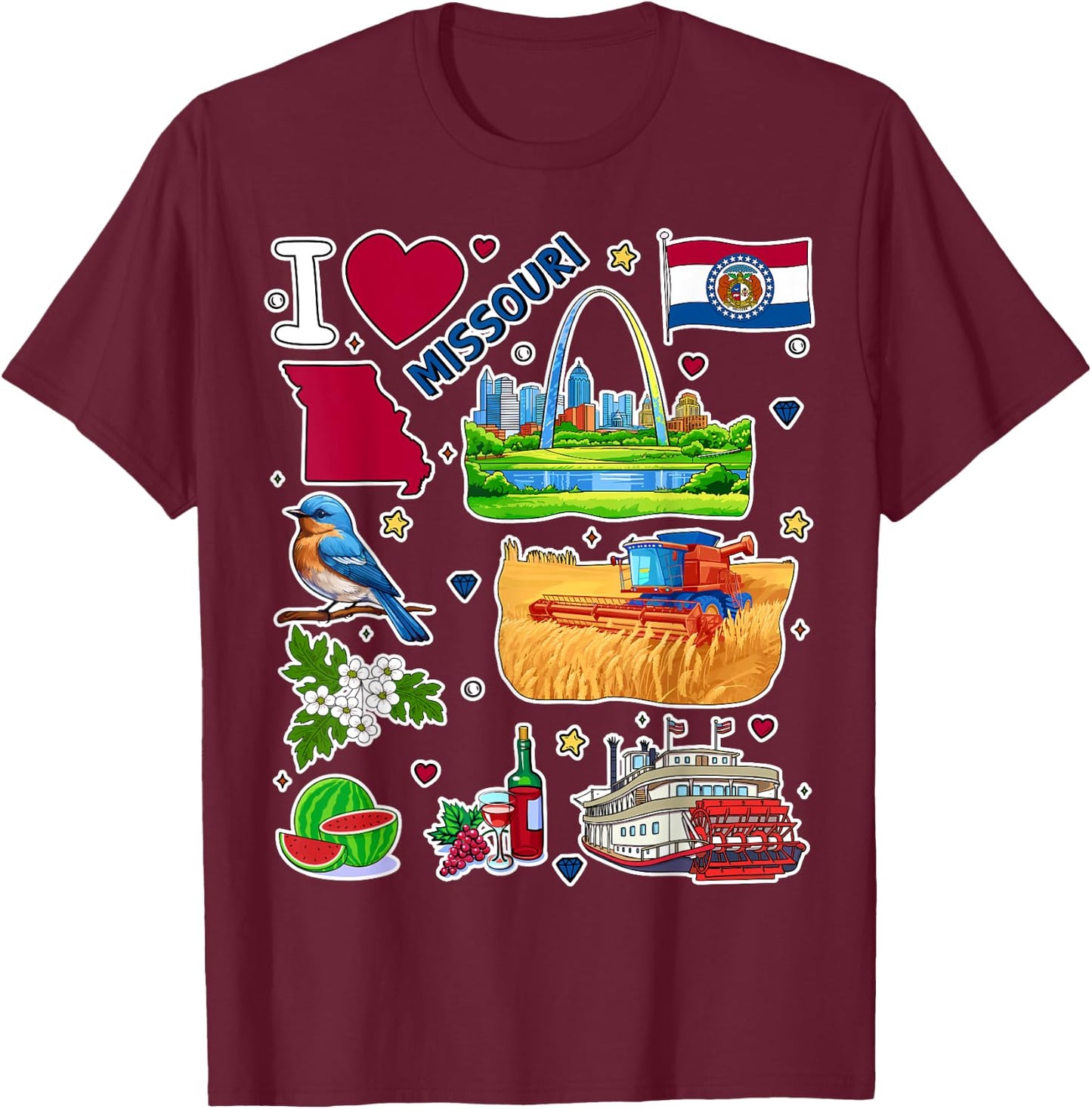 Missouri map, hand drawn Missouri State Symbols and icons T-Shirt - T-Shirt | Maroon