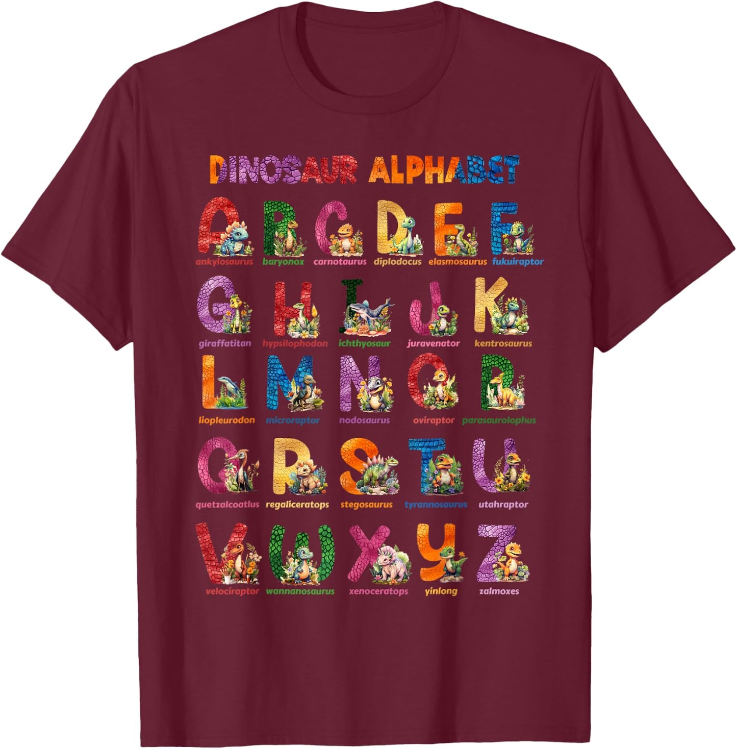 Cute Educational Dinosaur Alphabet ABC Baby Dino T-Shirt - T-Shirt | Maroon