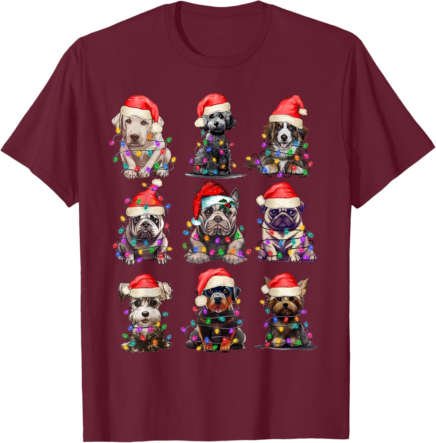 Christmas Dogs Xmas Lights Holiday Pajama Matching Family T-Shirt - T-Shirt | Maroon