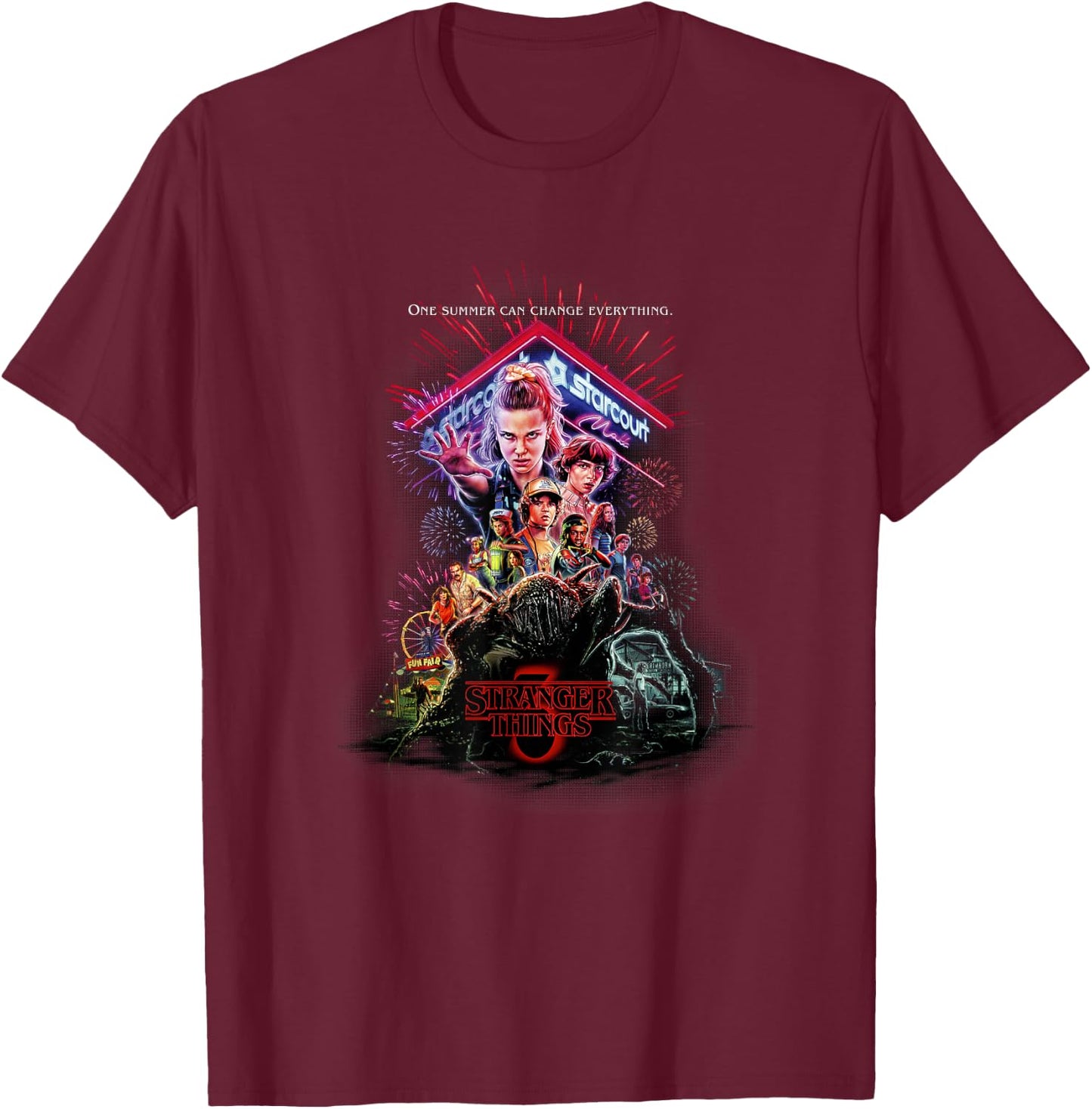 Stranger Things 3 Characters At Starcourt Mall Neon Vintage T-Shirt - T-Shirt | Maroon