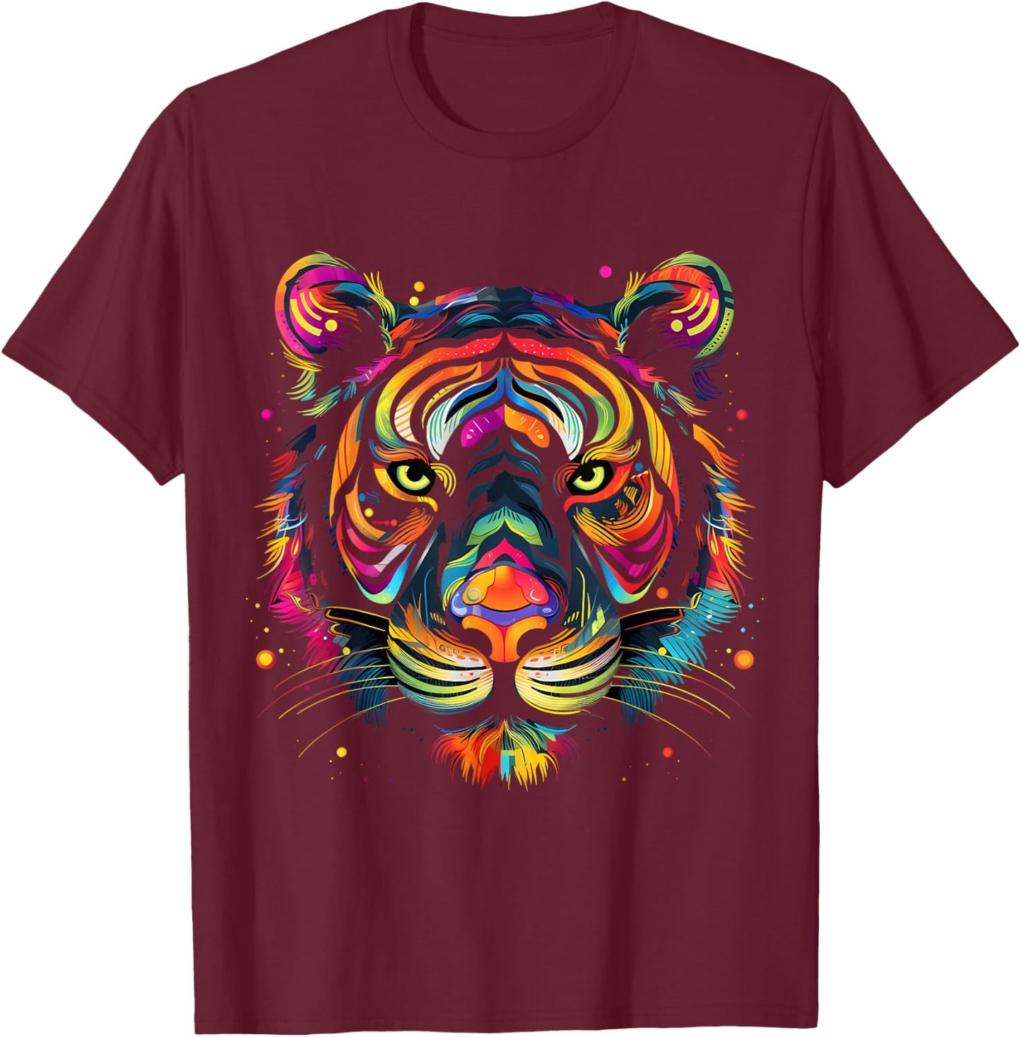 Colorful Tiger Face Wild Animal Art Cool Big Cats Black T-Shirt - T-Shirt | Maroon