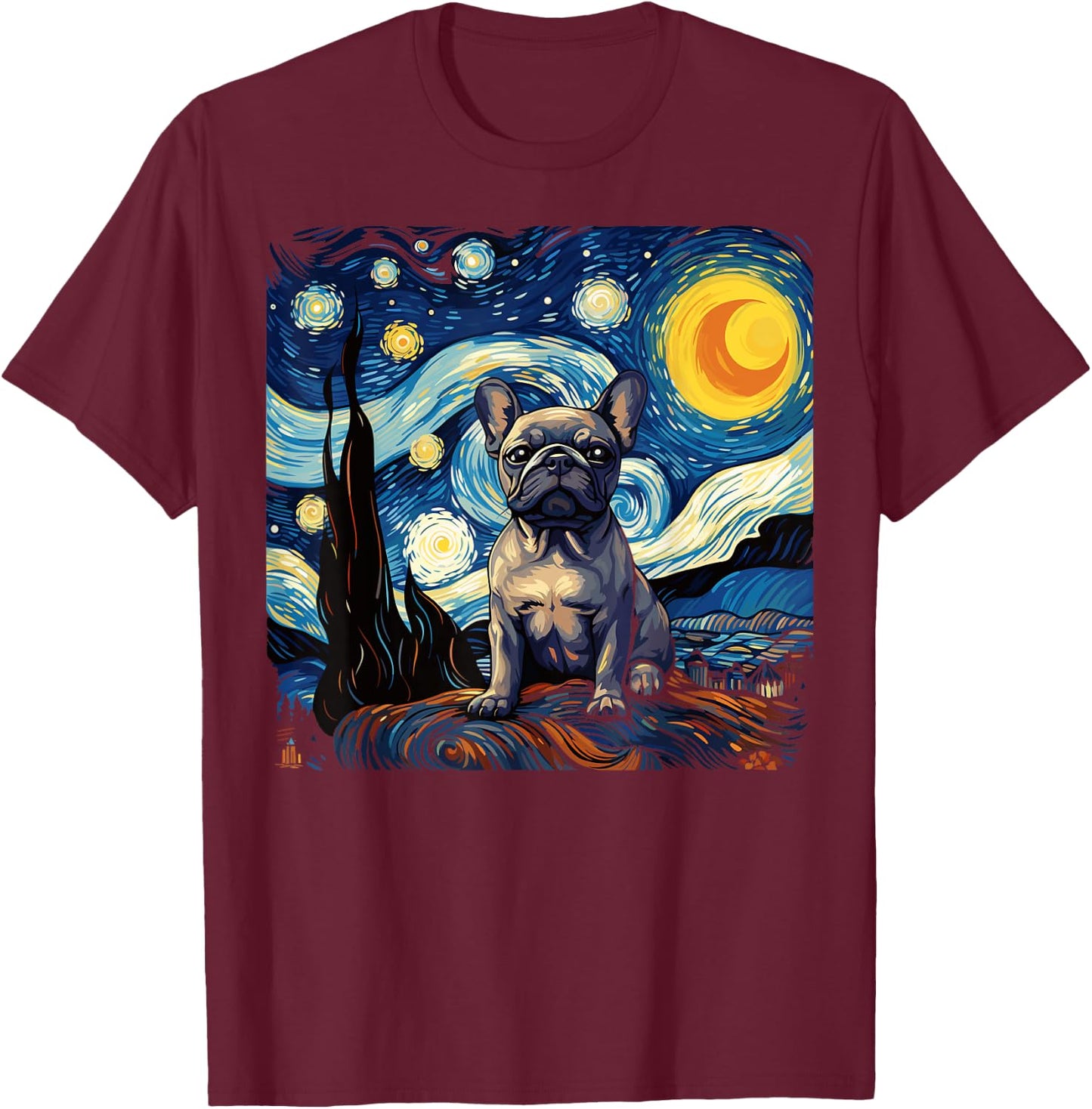 Van Gogh Dog French Bulldog T-Shirt - T-Shirt | Maroon