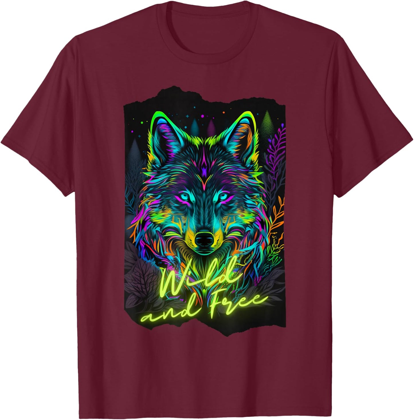 Retro 80s Vaporwave Synthwave Wolf Colorful Black Light Cool T-Shirt - T-Shirt | Maroon