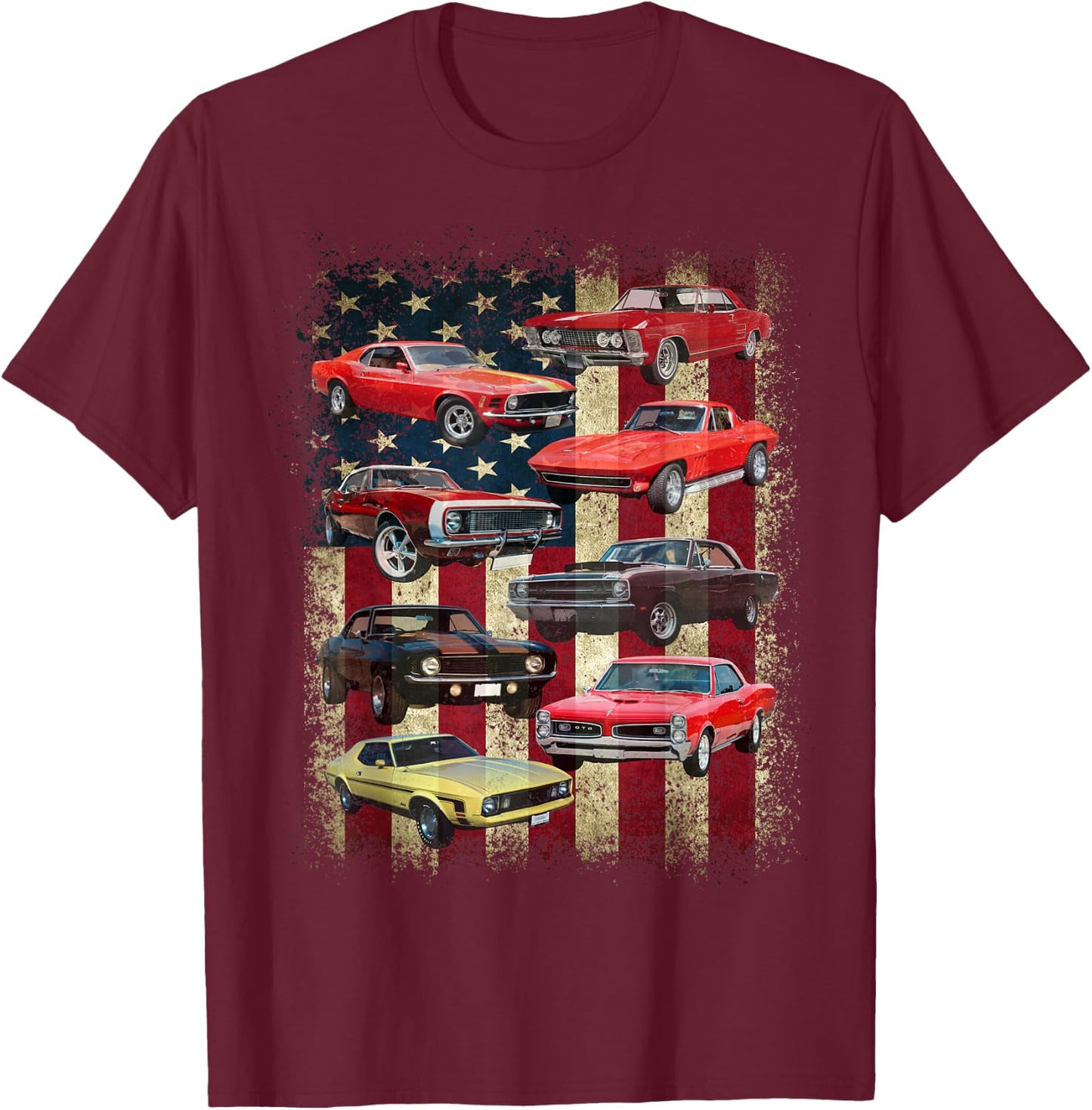 Vintage Classic Muscle Car Retro American Flag Patriotic T-Shirt - T-Shirt | Maroon