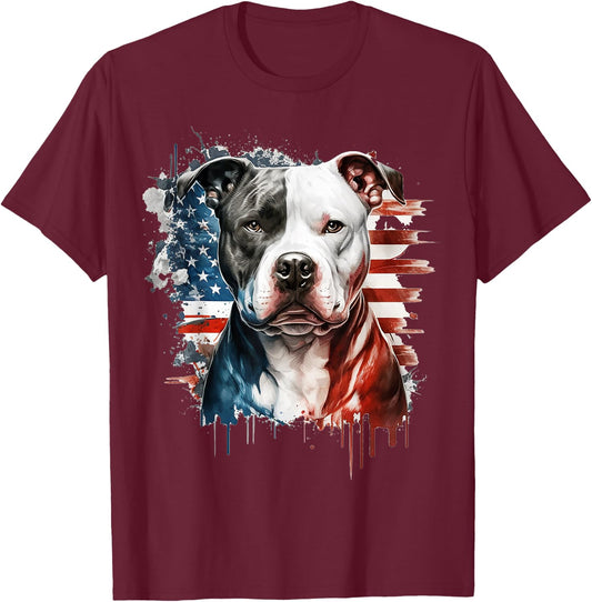 Patriotic Canine A Pitbull with American Flag T-Shirt - T-Shirt | Maroon