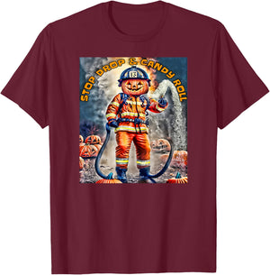 Halloween Pumpkin Firefighter Stop Drop And Roll a Firehouse T-Shirt - T-Shirt | Maroon