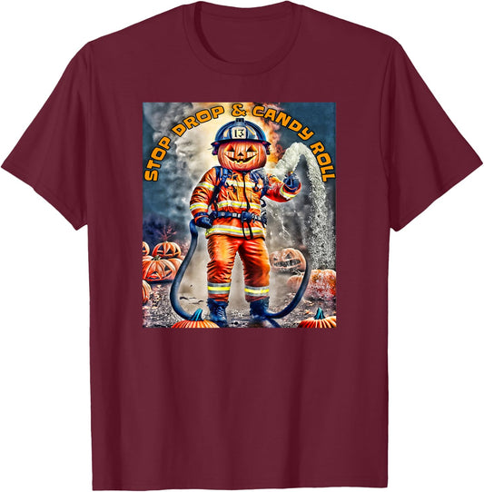 Halloween Pumpkin Firefighter Stop Drop And Roll a Firehouse T-Shirt - T-Shirt | Maroon