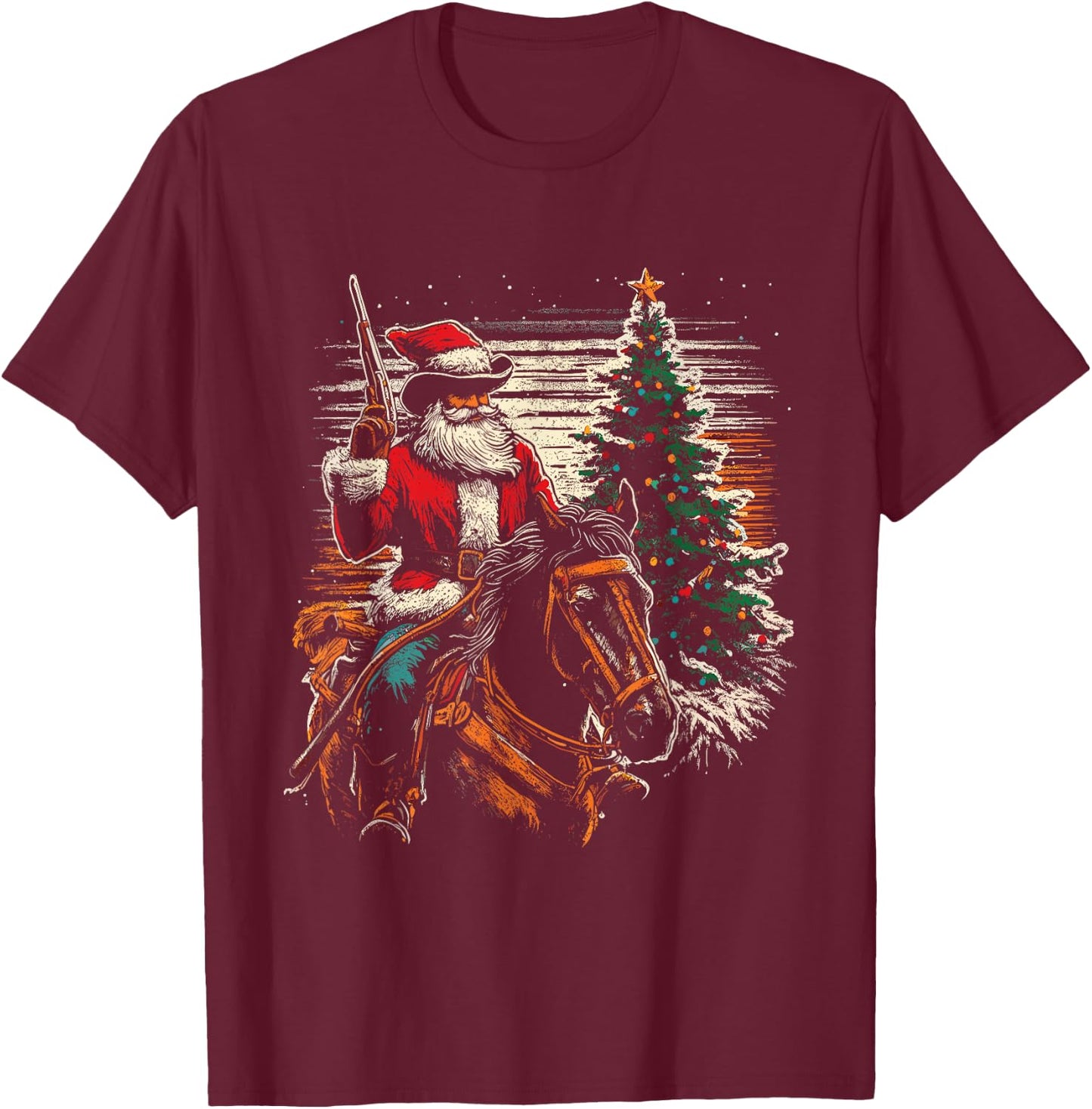 Santa Claus Cowboy - Vintage Christmas Tree Cowboy Lover T-Shirt - T-Shirt | Maroon