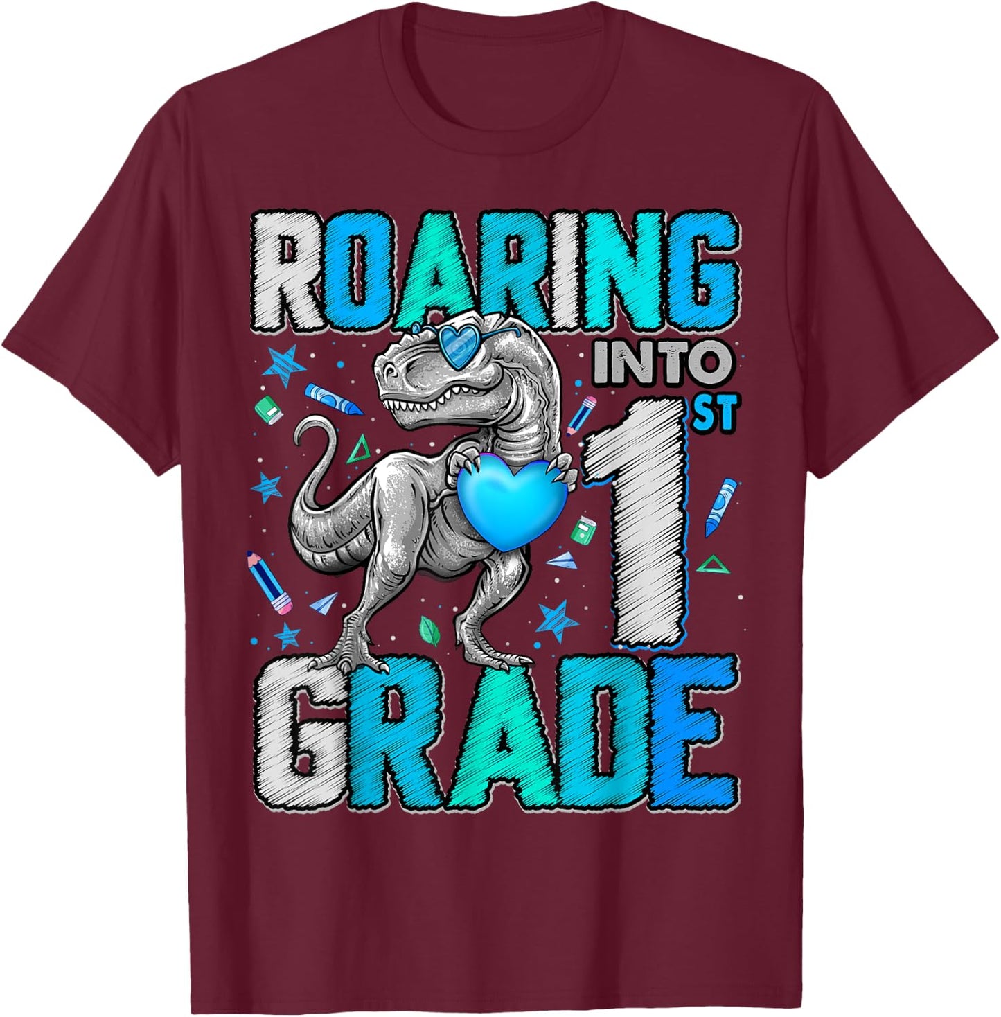 Roaring Into 1st Grade Dinosaur T Rex Back To School Boys T-Shirt - T-Shirt | Maroon