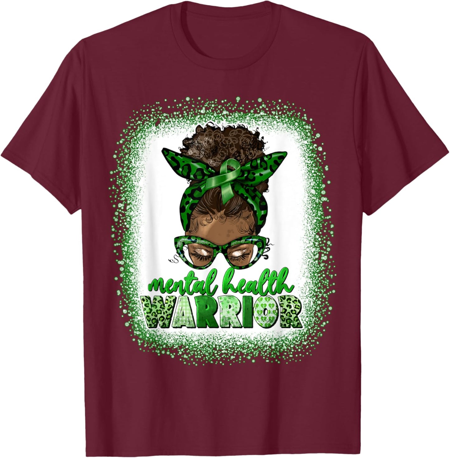 Mental Health Warrior Afro Messy Bun Leopard Black Women T-Shirt - T-Shirt | Maroon
