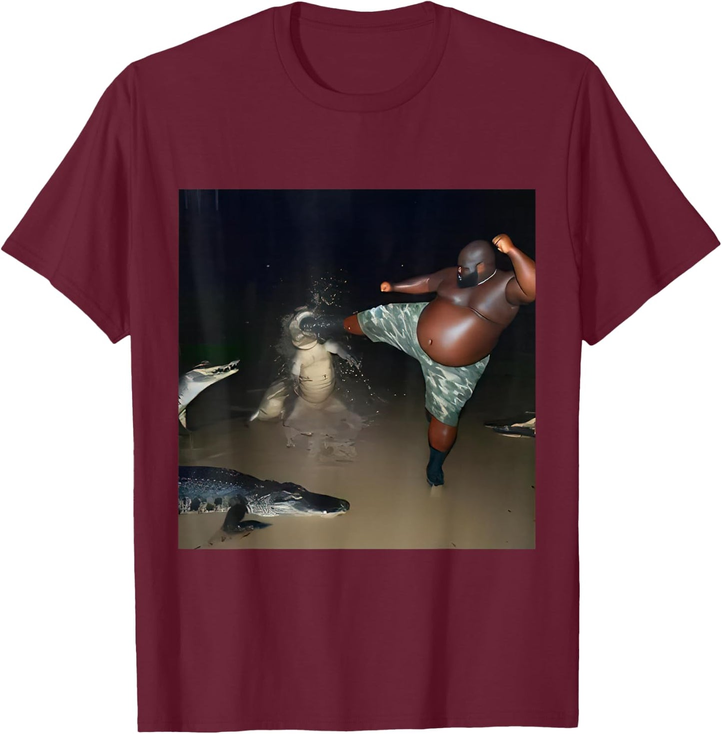 Man Kick Alligator in Swamp Funny Oddly Specific Meme T-Shirt - T-Shirt | Maroon