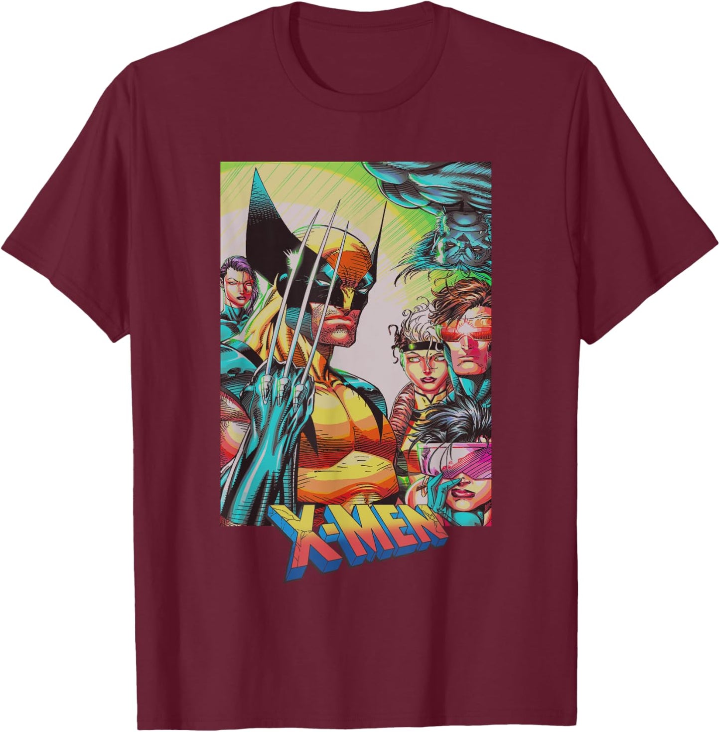 Marvel X-Men Iconic Team 90's Style Group Shot Cover T-Shirt - T-Shirt | Maroon