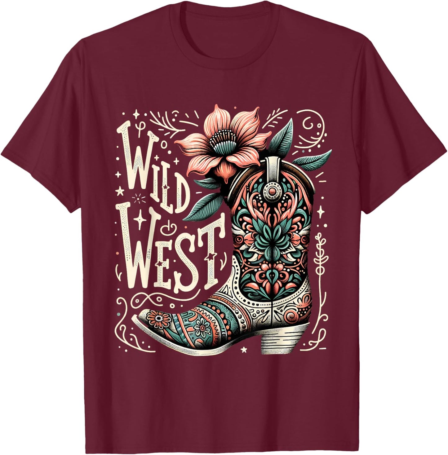 Wild West Country Music Vintage Cowgirl Boot Western Flower T-Shirt - T-Shirt | Maroon