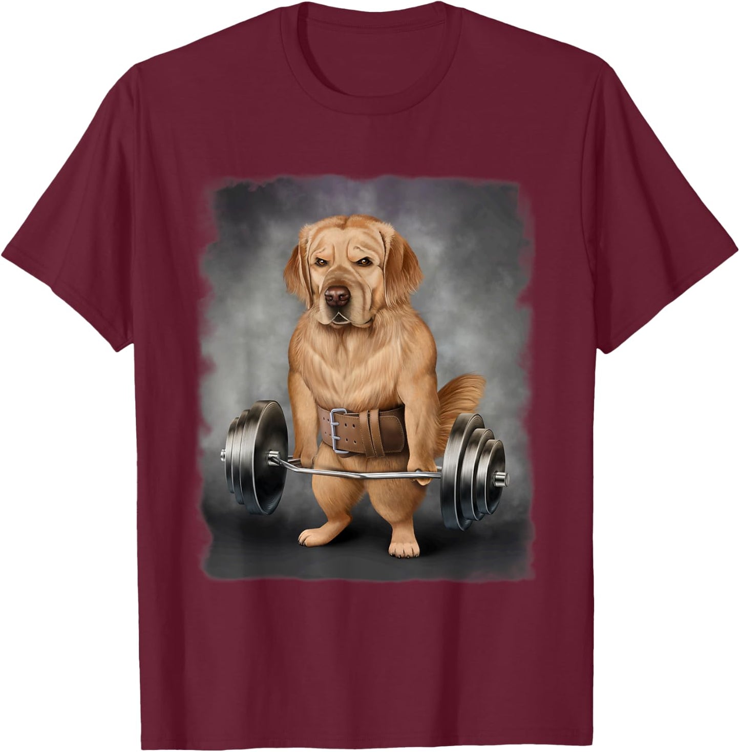 Golden Retriever Dog Muscle Training with Barbell Shrug Bar Women Kids T-Shirt - T-Shirt | Maroon