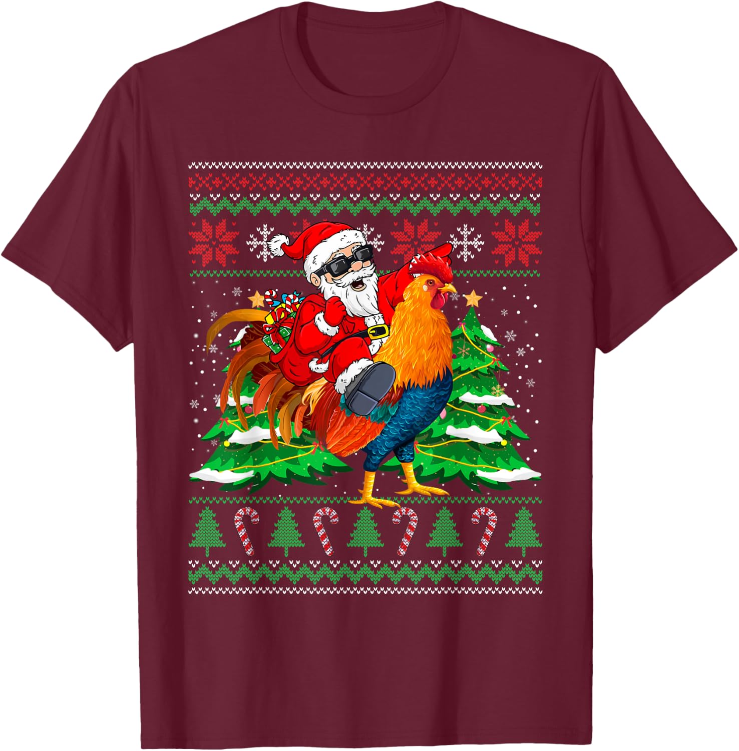 Santa With Rooster Christmas Tree Farmer Ugly Xmas Sweater T-Shirt - T-Shirt | Maroon