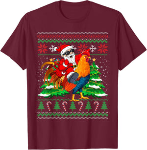 Santa With Rooster Christmas Tree Farmer Ugly Xmas Sweater T-Shirt - T-Shirt | Maroon